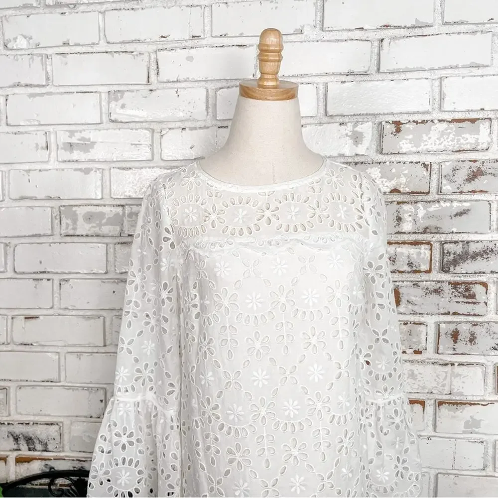J. Crew White Embroidered Eyelet Lace Bell Sleeves Shift Mini Midi Dress 2